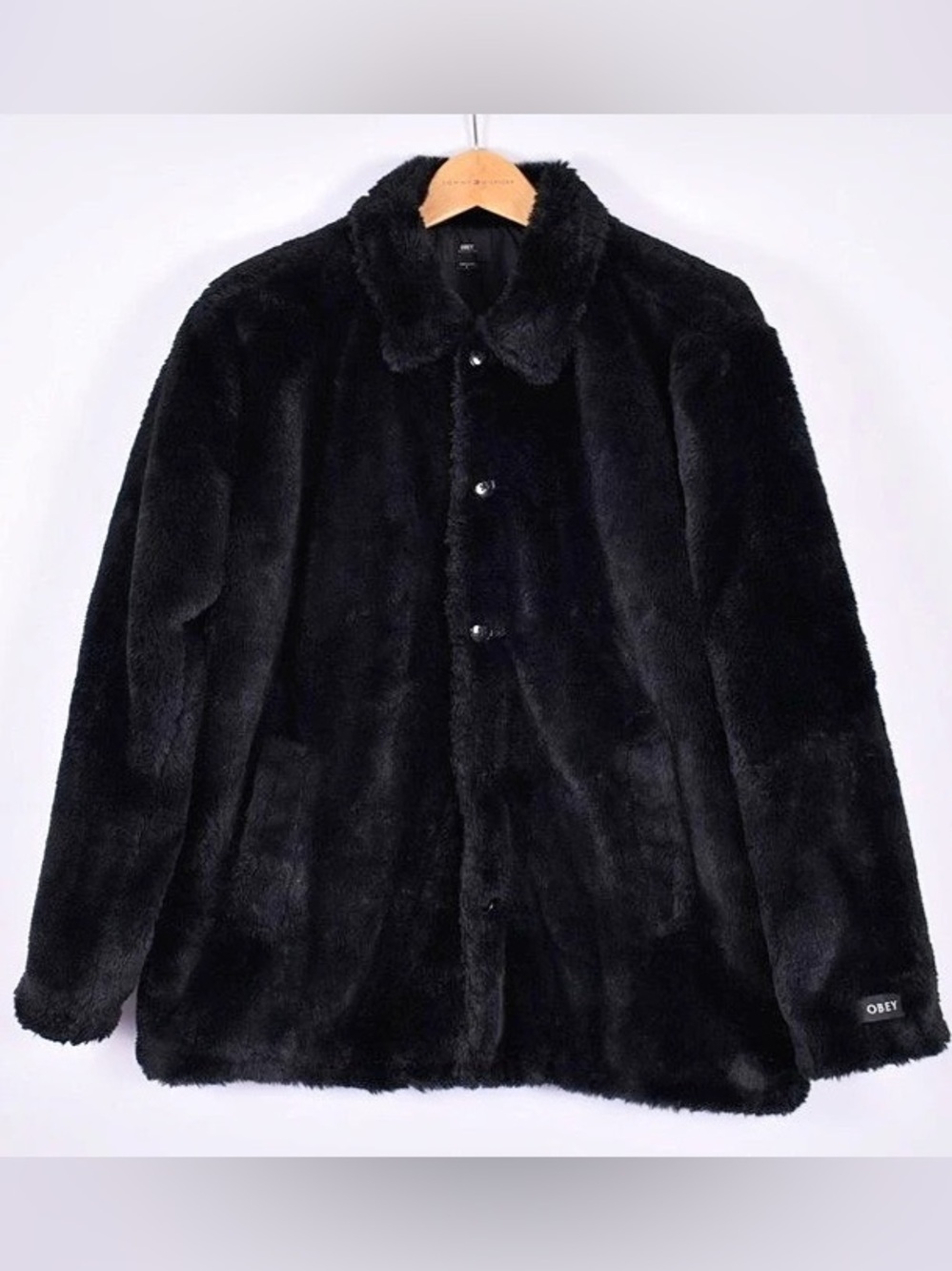 OBEY Men’s Large Black Faux Fur Coat Button Front Plush Jacket